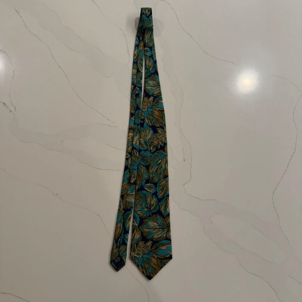 Marina Di Carrara Mens Silk Tie Teal Gold Leaf Botanical Hand‎ Made Italy